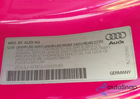 2010 Audi A5 2.0T Premium from USA, damaged, VIN WAULFAFR0AA046590